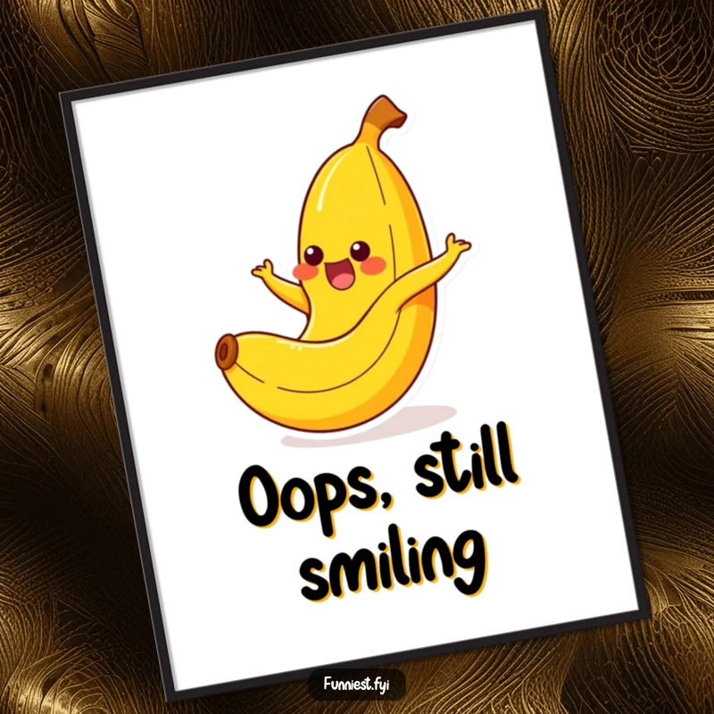 Funny banana character with a happy yelp, captured in the act of slipping dramatically on its own peel for wall art.