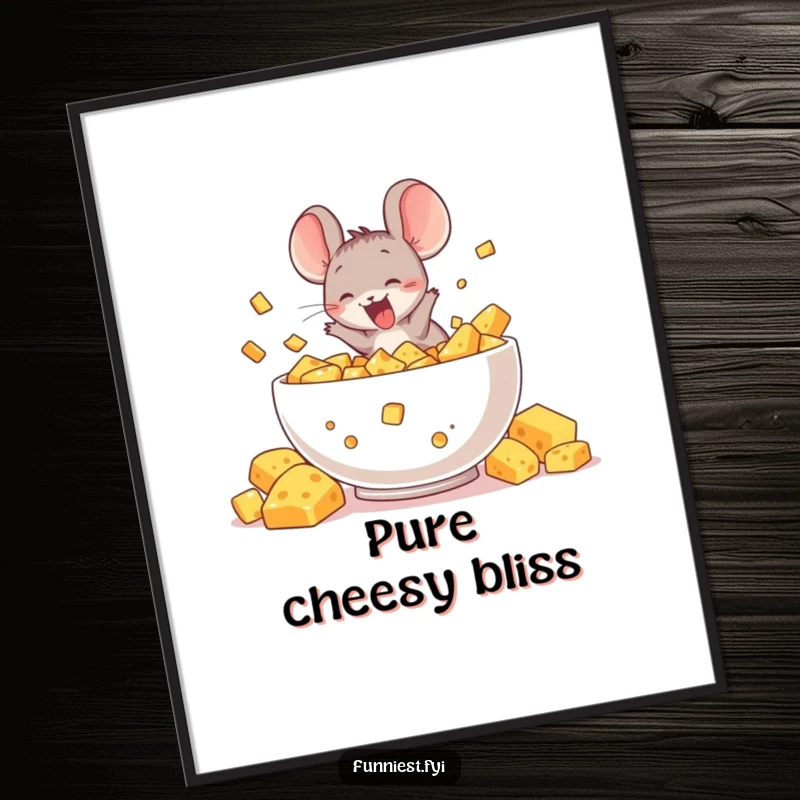 Funny poster artwork of a delighted mouse character diving headfirst into a massive, overflowing bowl of cheese, illustrating humorous cheesy joy.