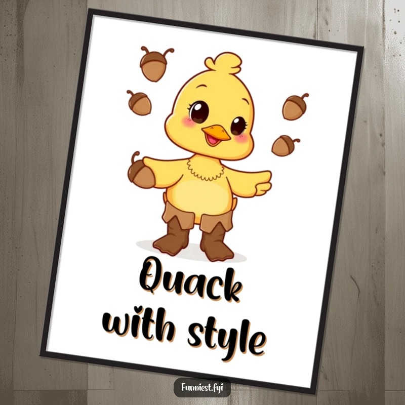 A funny, happy duck character wearing oversized boots and juggling acorns with joyful concentration on this art print.