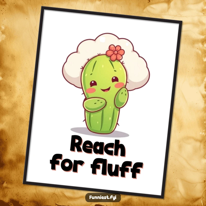 Funny poster showcasing a smiling cactus character tenderly reaching to hug a soft cloud. Whimsical and heartwarming wall art for gentle souls.
