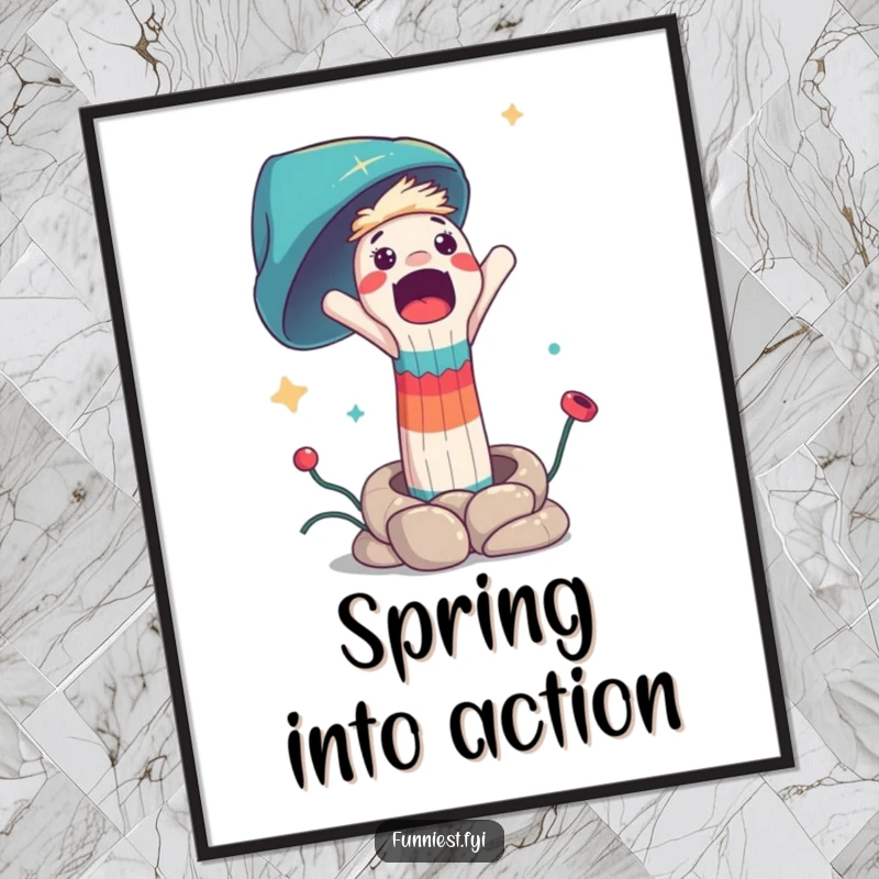 Funny poster depicting a surprised sock puppet character dramatically launched from a mysterious spring, adding a humorous touch to decor.
