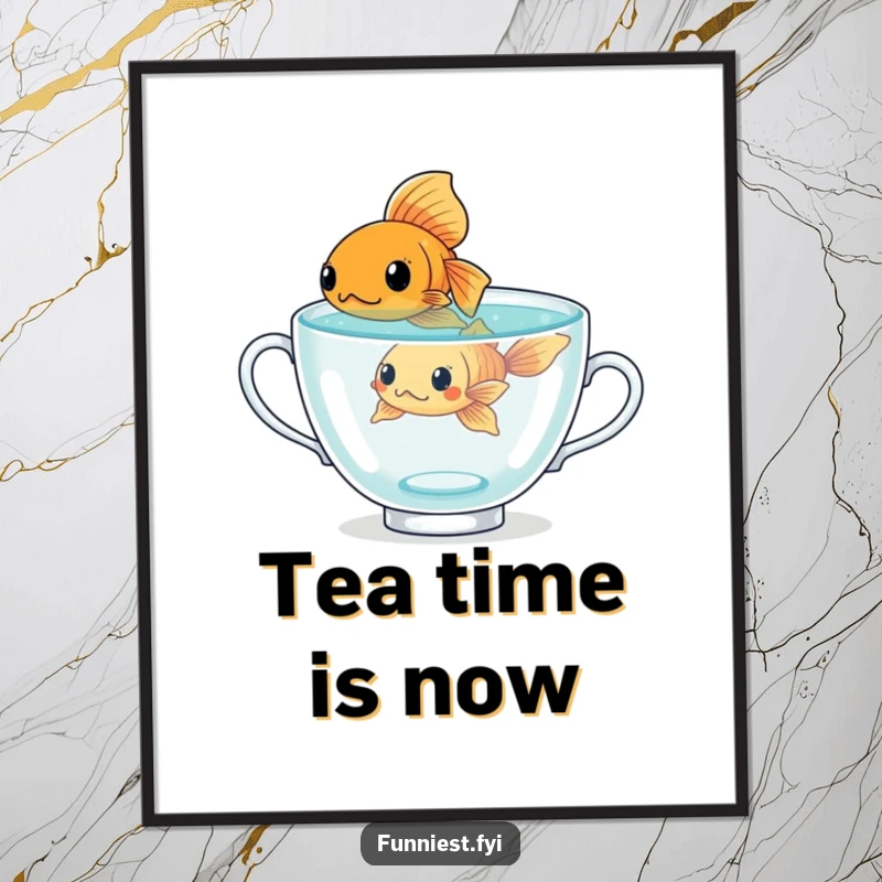 Funny determined goldfish character in a giant teacup, motivational wall art, perfect for inspiring tenacity.