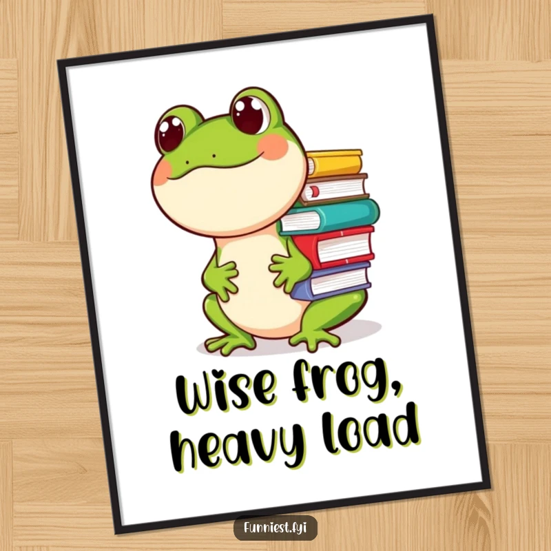 Funny poster artwork of a giggling frog character attempting to balance a stack of books on its nose, creating a comical study scene.