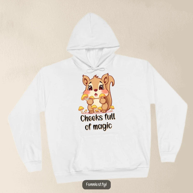 Funny squirrel character with cheeks packed with glowing mushrooms on a hoodie, offering cozy comfort and whimsical forest charm.