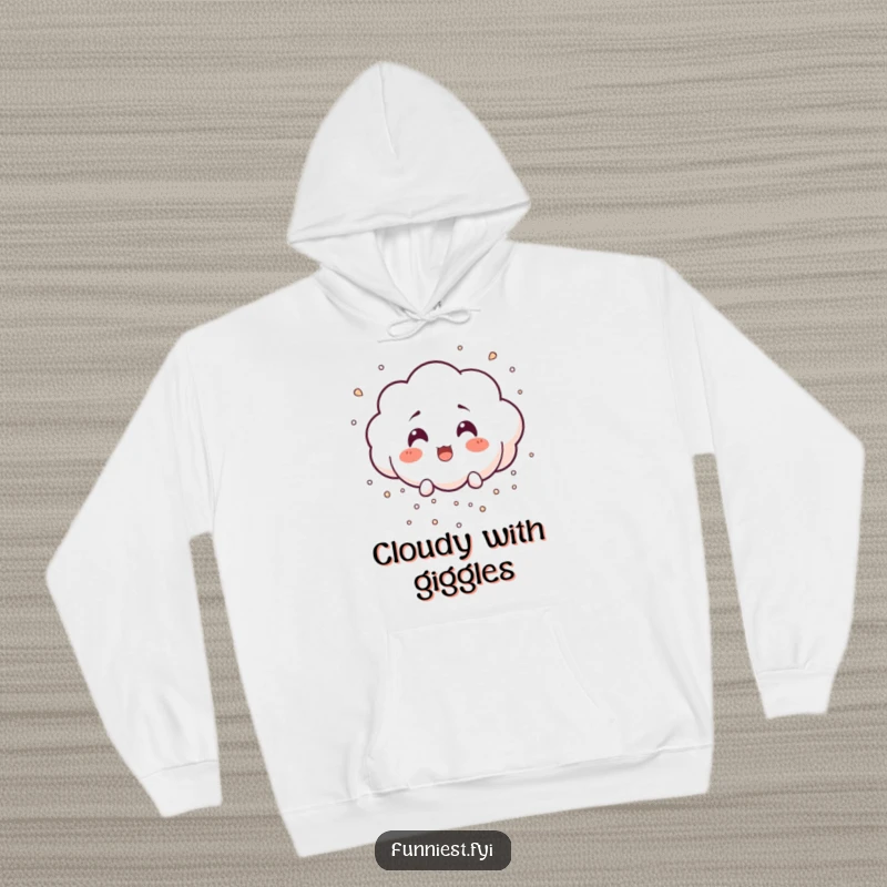 Funny surprised little cloud raining tiny laughter particles, depicted on a warm and humorous hoodie.