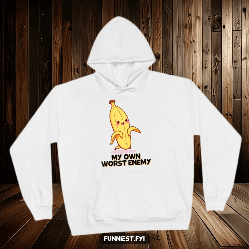 Funny hoodie featuring a banana peel character caught mid-slip on its own peel, capturing a moment of hilarious cartoon chaos.