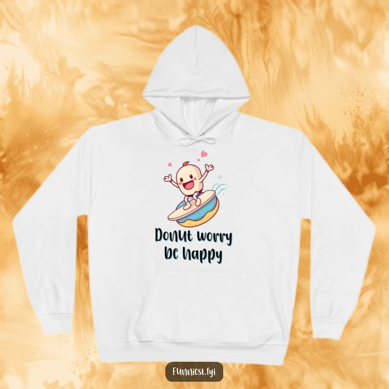 Funny hoodie showing a coffee cup character joyfully surfing a giant donut, embodying a whimsical and delicious adventure.