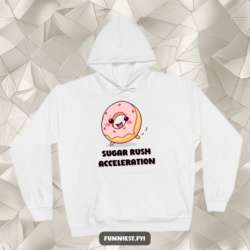 Funny donut character joyfully rolling downhill on a hoodie, offering cozy comfort and a touch of sweet, humorous style.