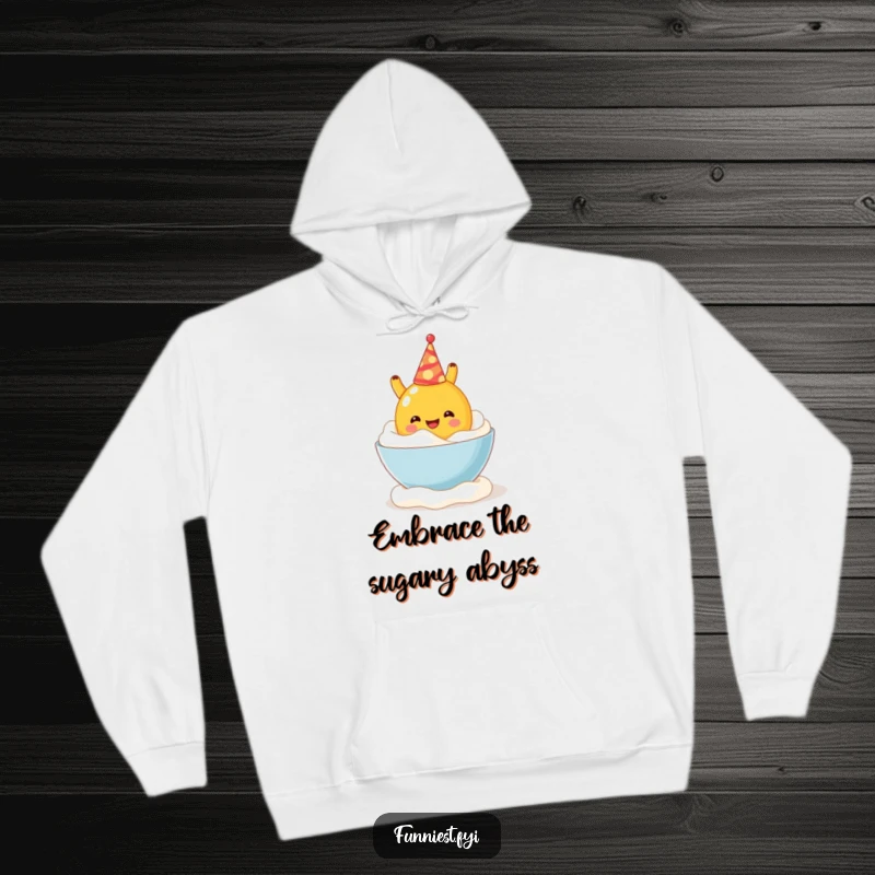 Funny hoodie depicting a joyful fruit character in a party hat falling into a sweet bowl of whipped cream, perfect for cozy laughs.