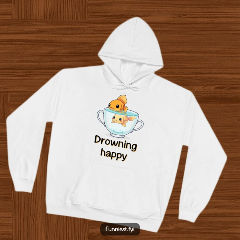 Funny determined goldfish character in a giant teacup, a cozy and humorous hoodie for motivated individuals.