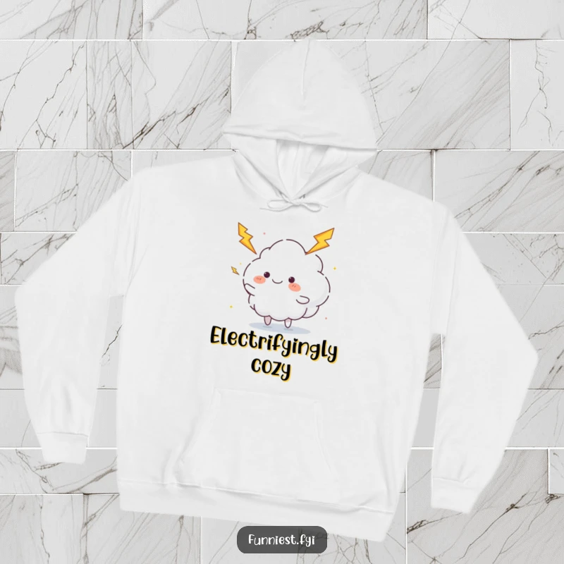 Funny juggling cloud hoodie depicting a fluffy cloud character happily juggling lightning bolts, great for cozy, energetic, funny gifts.