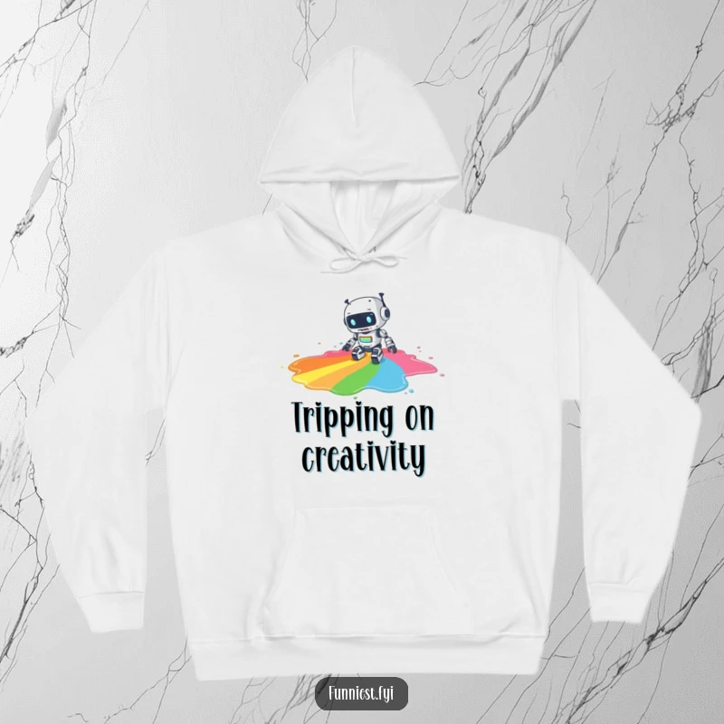 Funny hoodie with a clumsy robot character tripping and spilling a large puddle of rainbow paint, showcasing a humorous artistic accident.