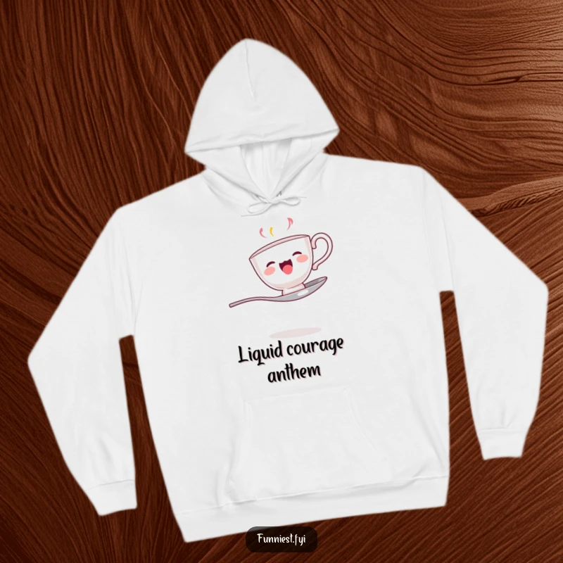 Funny hoodie featuring a singing teacup balanced on a spoon, combining comfort with a playful, musical design.