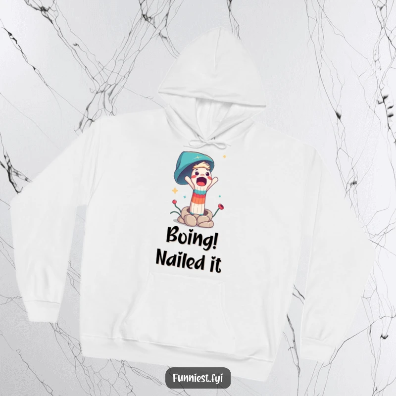 Funny hoodie featuring a surprised sock puppet character launching from a spring, designed for ultimate comfort and humor.
