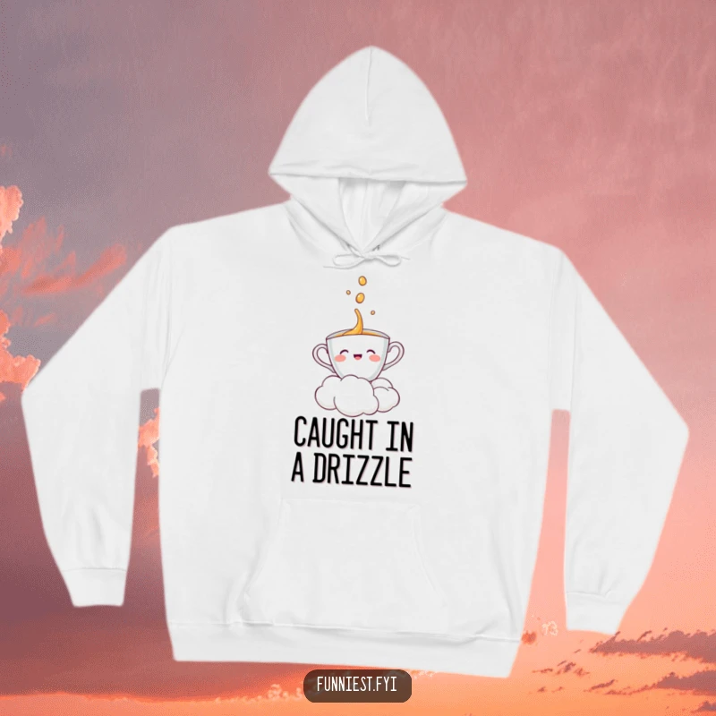 Funny teacup character delighted by a cloud pouring water onto it, depicted on a warm, soft hoodie.