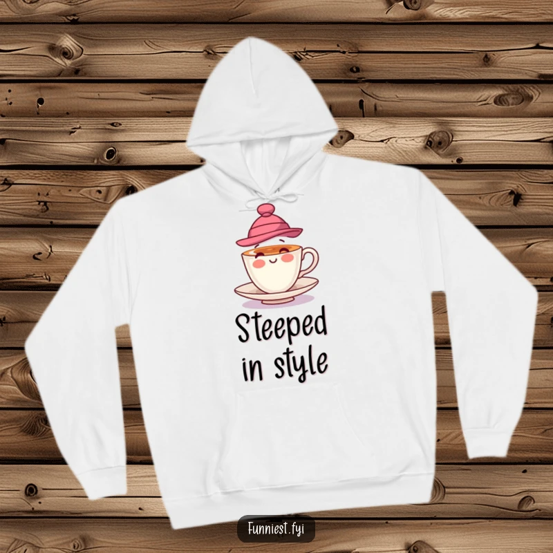 Funny hoodie graphic of a playful teacup wearing a stylish hat and spinning, offering cozy comfort with a dash of playful charm.