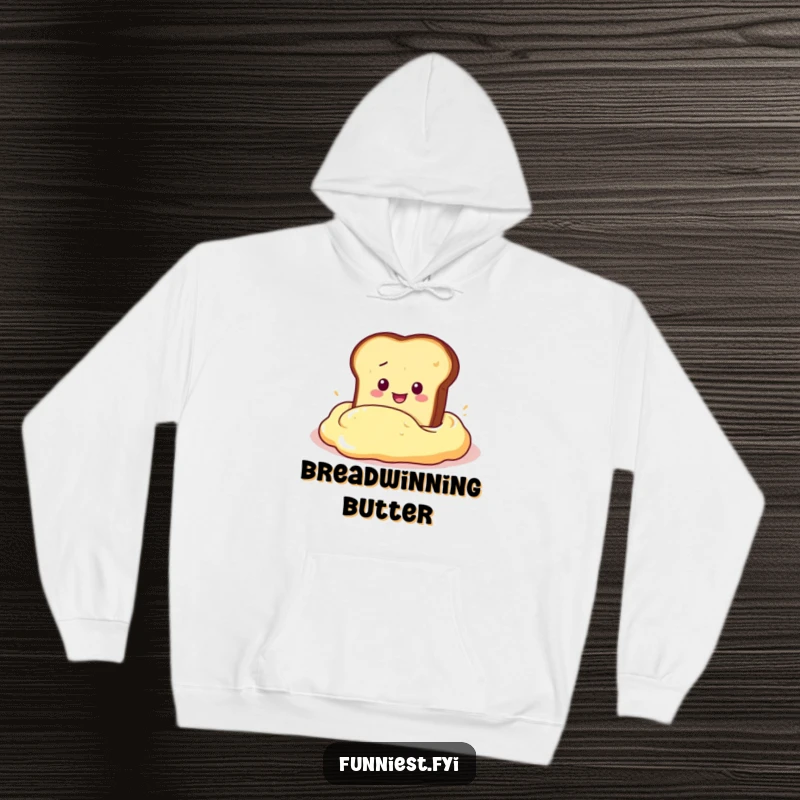 Funny Hoodie illustrating a slice of toast character performing a dramatic dive into a huge dollop of butter, perfect for cozy days.