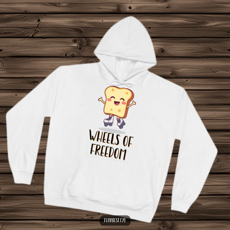 Funny hoodie showing a delighted toast character attempting to skate in roller skates, full of enthusiastic but wobbly motion. A warm and humorous wearable art.