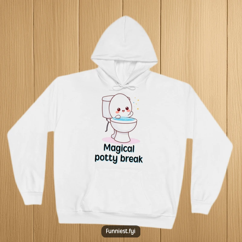 Funny friendly toilet character hoodie, granting a wish with a magical burst of glitter shooting from the bowl.