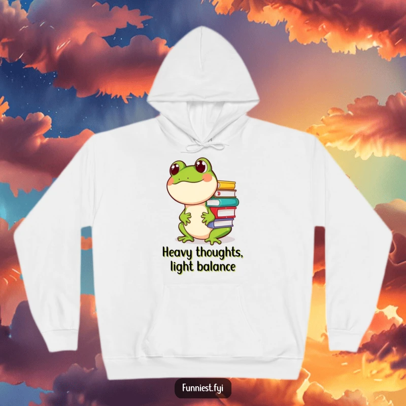 Funny hoodie depicting a giggling frog character struggling to nose-balance a tall pile of books, showcasing a funny, relatable academic struggle.