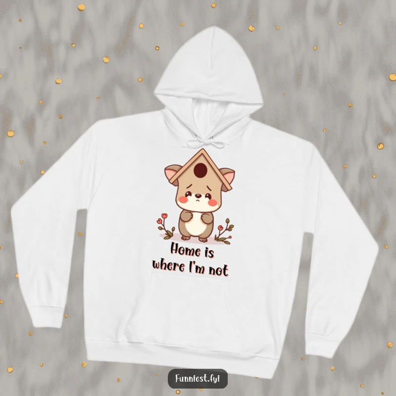 Funny hoodie depicting a confused animal character sporting a birdhouse as a hat, looking around lost, perfect for cozy contemplation.