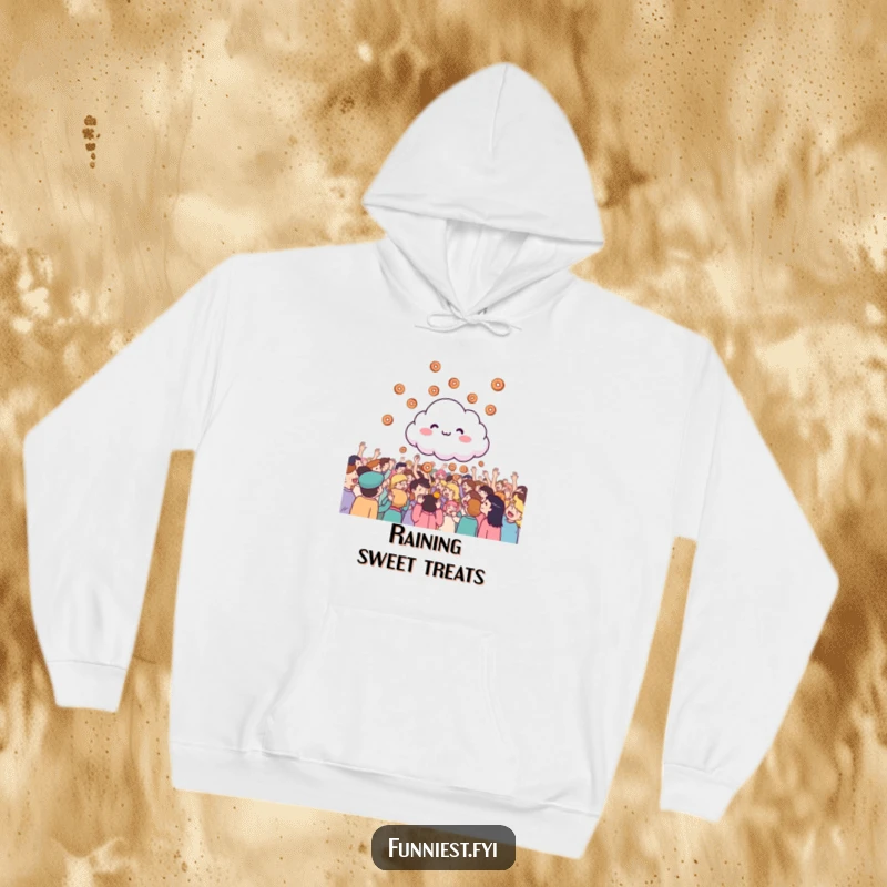 Funny giggling cloud raining tiny donuts onto a cheering crowd, a cozy and humorous hoodie for comfort lovers.