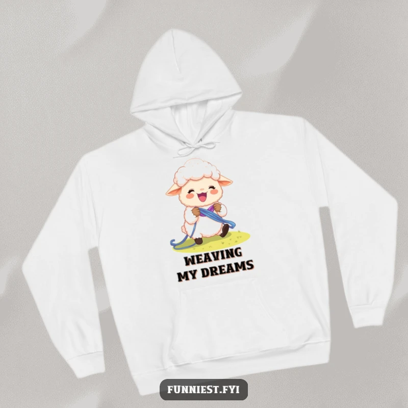Funny sheep character diligently knitting a rainbow, depicted on a comfortable and warm hoodie.