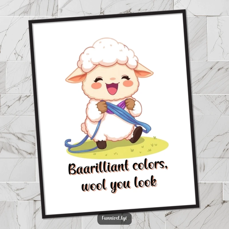 Funny free printable wall art: a fluffy sheep character excitedly knitting a vibrant, magical rainbow using soft, colorful yarn.