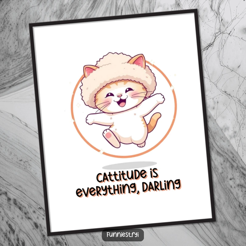 Funny Free Printable Wall Art: A cheerful cat in a large hat dynamically leaps through a hoop ablaze with sparkle.