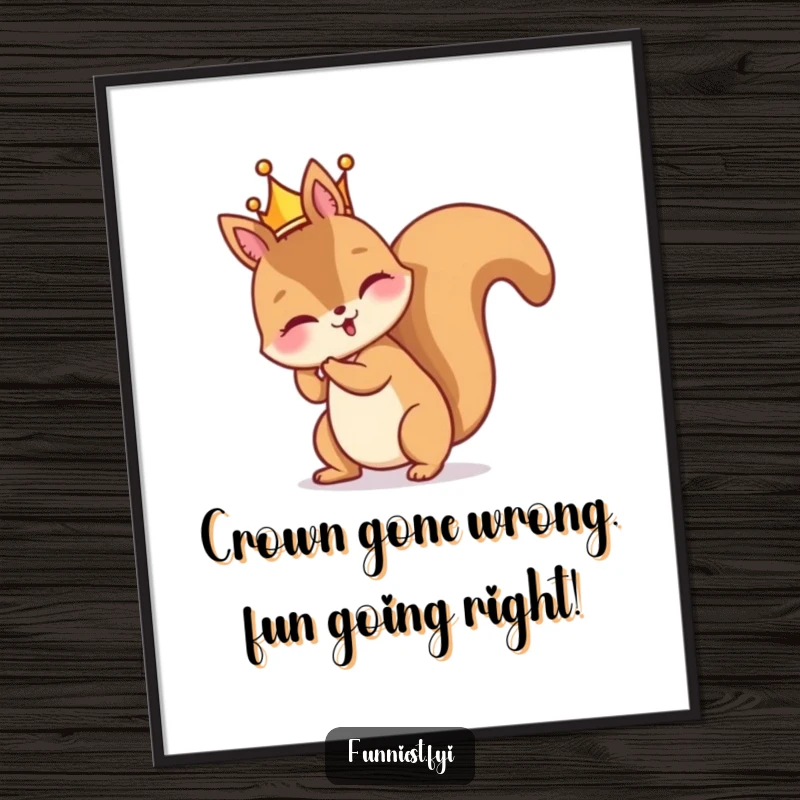 Funny Free Printable Wall Art: A mischievous squirrel attempting to wear a tiny golden crown backward on its furry head.
