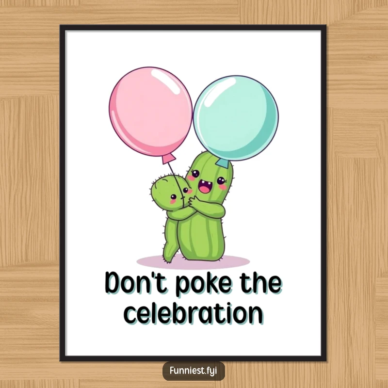 Funny Free Printable Wall Art: Cheerful cactus trying to hug a startled balloon, quirky home decor.