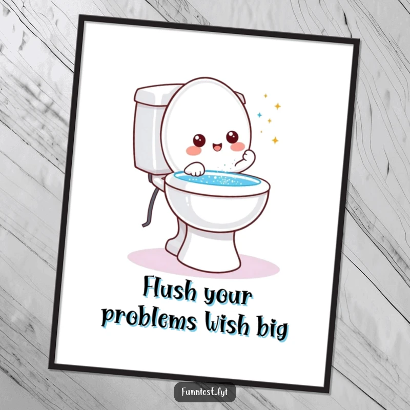 Funny free printable wall art featuring a friendly toilet character granting a wish, showering glitter from its bowl.