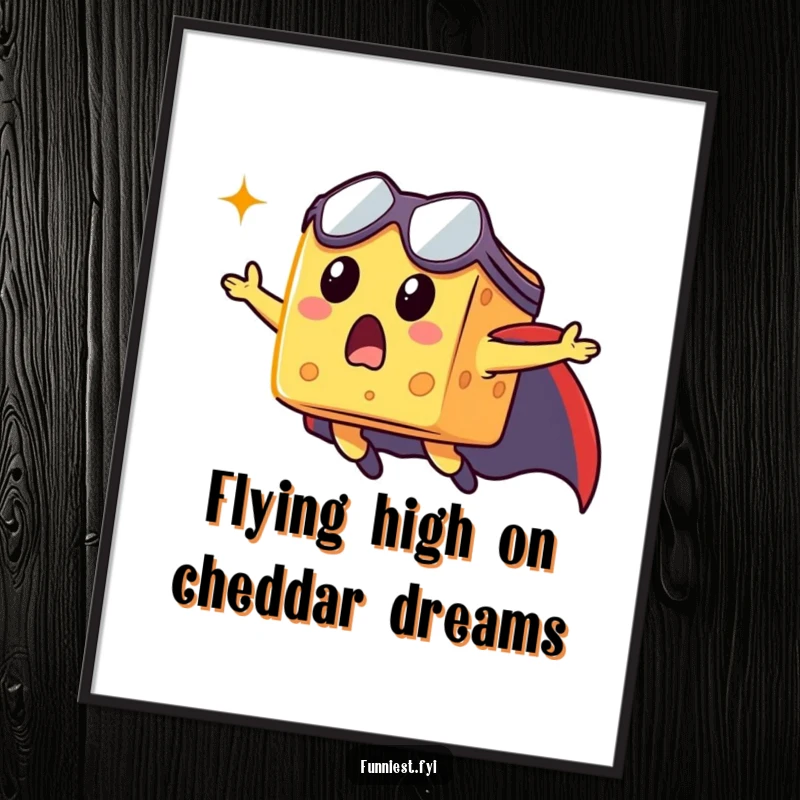 Funny Free Printable Wall Art: A surprised cheese cube with a cape flying dynamically through the air.