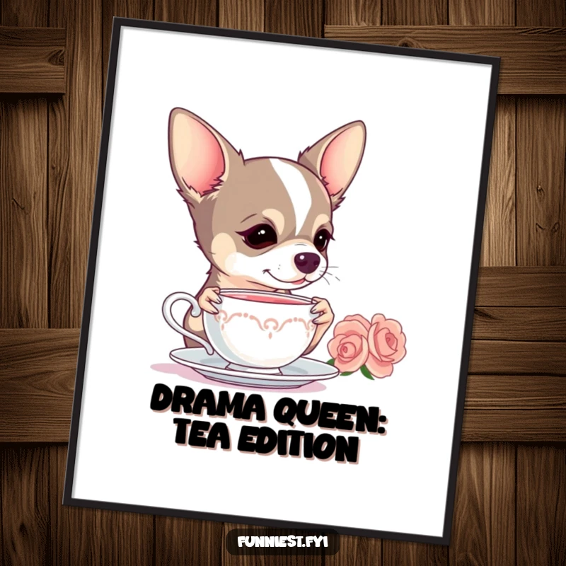 Funny Free Printable Wall Art: Chihuahua elegantly sipping tea from a tiny cup, sophisticated and humorous dog art.
