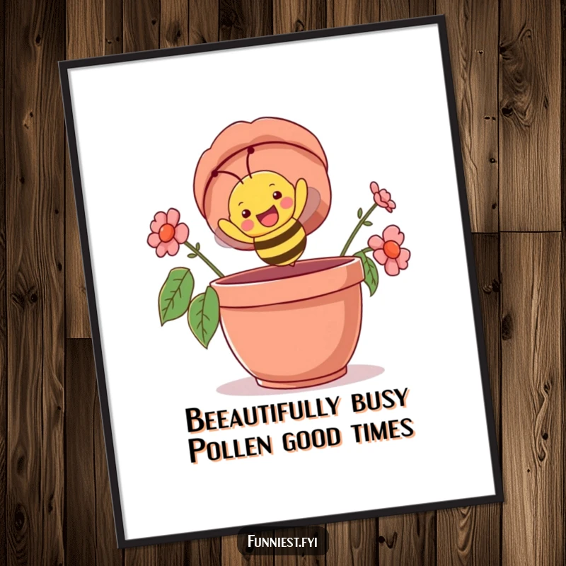 Funny Free Printable Wall Art: A happy bee character joyfully flying upside down into a giant flowerpot.