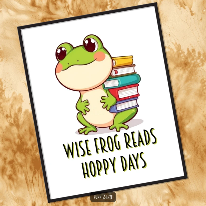 Funny Free Printable Wall Art: A giggling frog character balancing a tall stack of books on its nose.