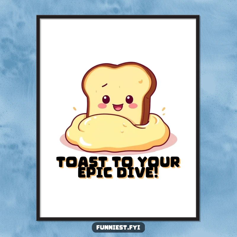 Funny Free Printable Wall Art of a toast slice executing a dramatic dive into a giant butter dollop, playfully absurd.
