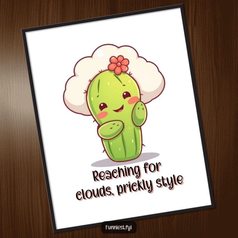 Funny free printable wall art: A smiling cactus character attempts to hug a soft, fluffy cloud, creating a heartwarming scene.