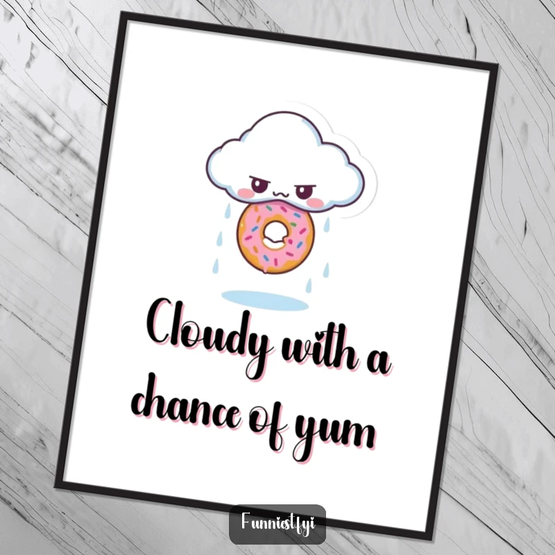 Funny Free Printable Wall Art: Grumpy cloud character accidentally rains a single, perfect donut, a humorous and sweet depiction.
