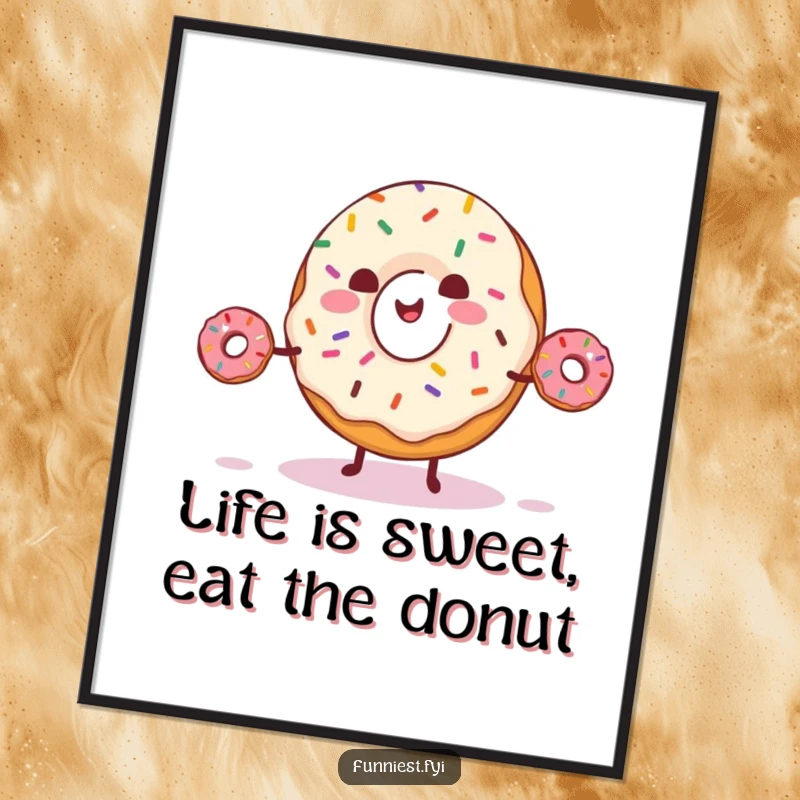 Funny Free Printable Wall Art: A happy donut with sprinkles skillfully juggling three smaller donuts.