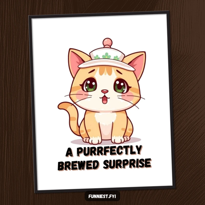Funny Free Printable Wall Art: A surprised cat accidentally wearing a teacup as a hat, creating humorous and charming downloadable decor.