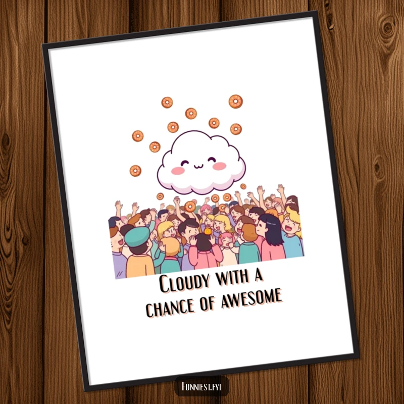 Funny Free Printable Wall Art: A giggling cloud raining delicious donuts onto an excited crowd, a cheerful art piece.