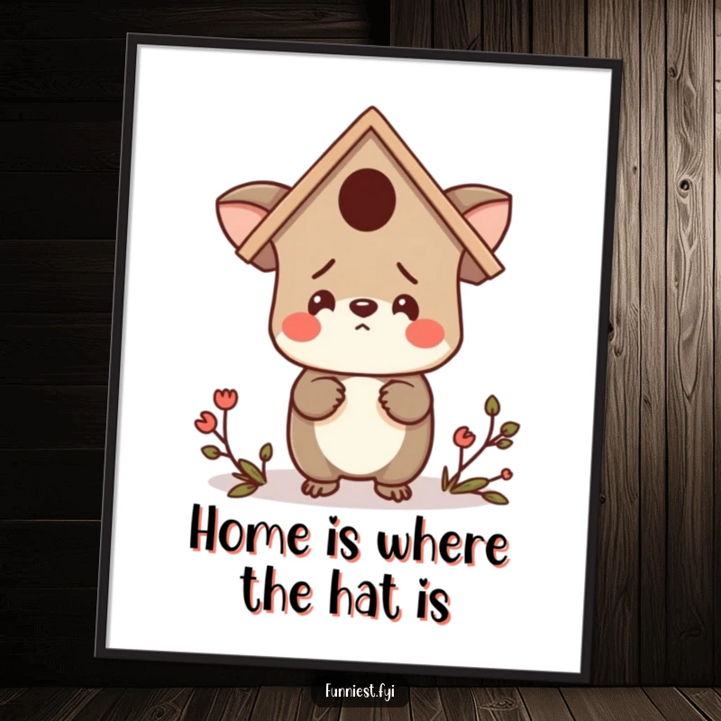Funny Free Printable Wall Art: Confused animal character wearing a birdhouse as a hat, looking around lost, whimsical art.
