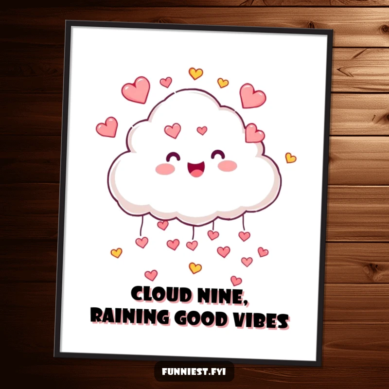Funny Free Printable Wall Art: A joyful cloud character gently showers down tiny, colorful hearts, creating a whimsical and loving atmosphere.