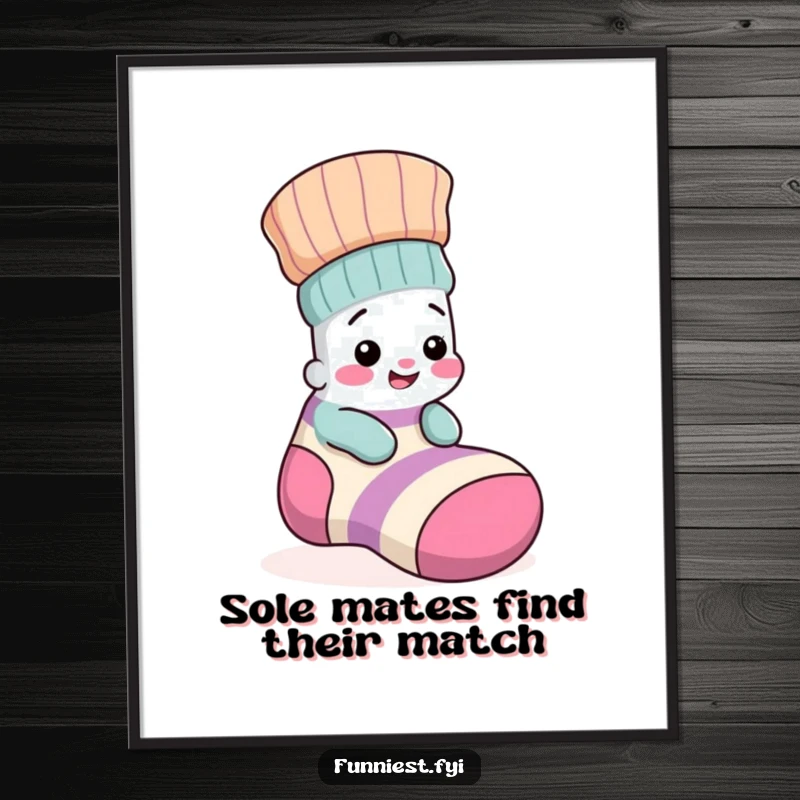 Funny Free Printable Wall Art: A giggling sock character hilariously hides inside a larger, mismatched sock.