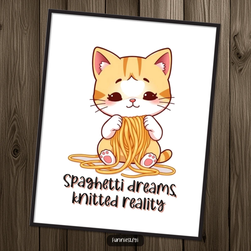 Funny Free Printable Wall Art: Puzzled cartoon cat hilariously attempts to knit spaghetti, quirky downloadable art for your home.