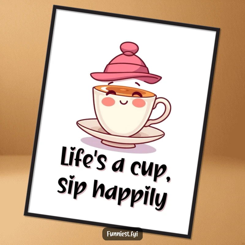 Funny Free Printable Wall Art: A teacup wearing a chic hat, captured mid-spin with a playful and elegant demeanor.