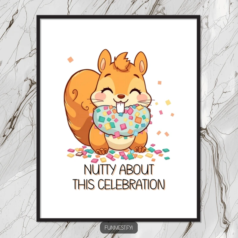 Funny Free Printable Wall Art: A mischievous squirrel is depicted stuffing its cheeks with colorful, oversized confetti, a cheerful print.