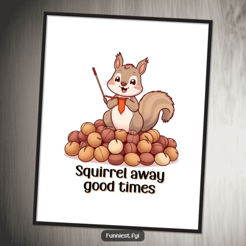 Funny Free Printable Wall Art: A playful squirrel proudly sits on a pile of nuts, holding a tiny banner of victory.