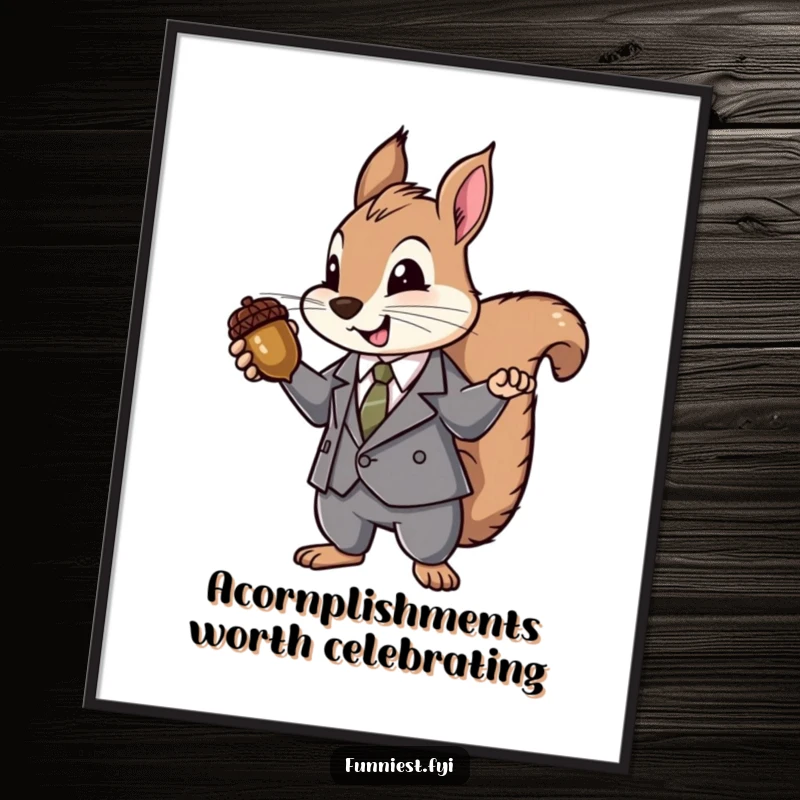 Funny Free Printable Wall Art: A squirrel in a sharp suit dramatically presenting a large acorn as if it were a priceless jewel.